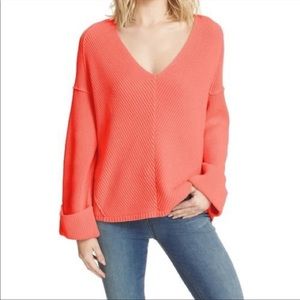 Free People La Brea V Neck Sweater In Coral